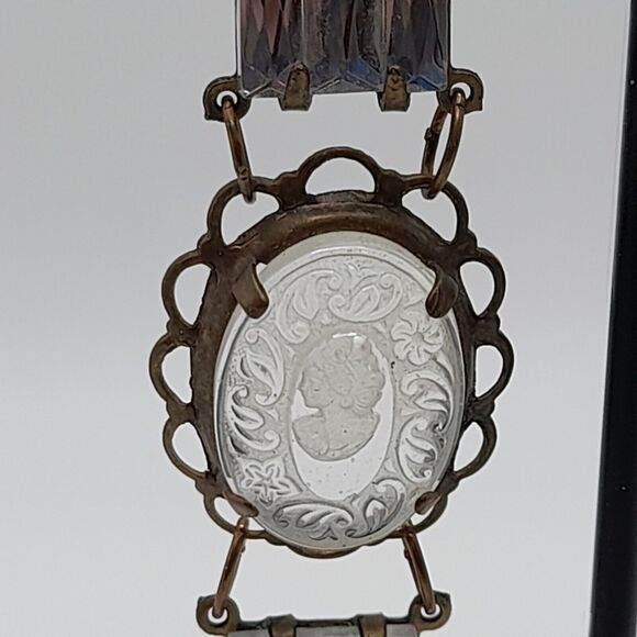 Art Deco Vauxhall Glass Reverse Carved Earrings , 3 1/2 In - Picture 4 of 12